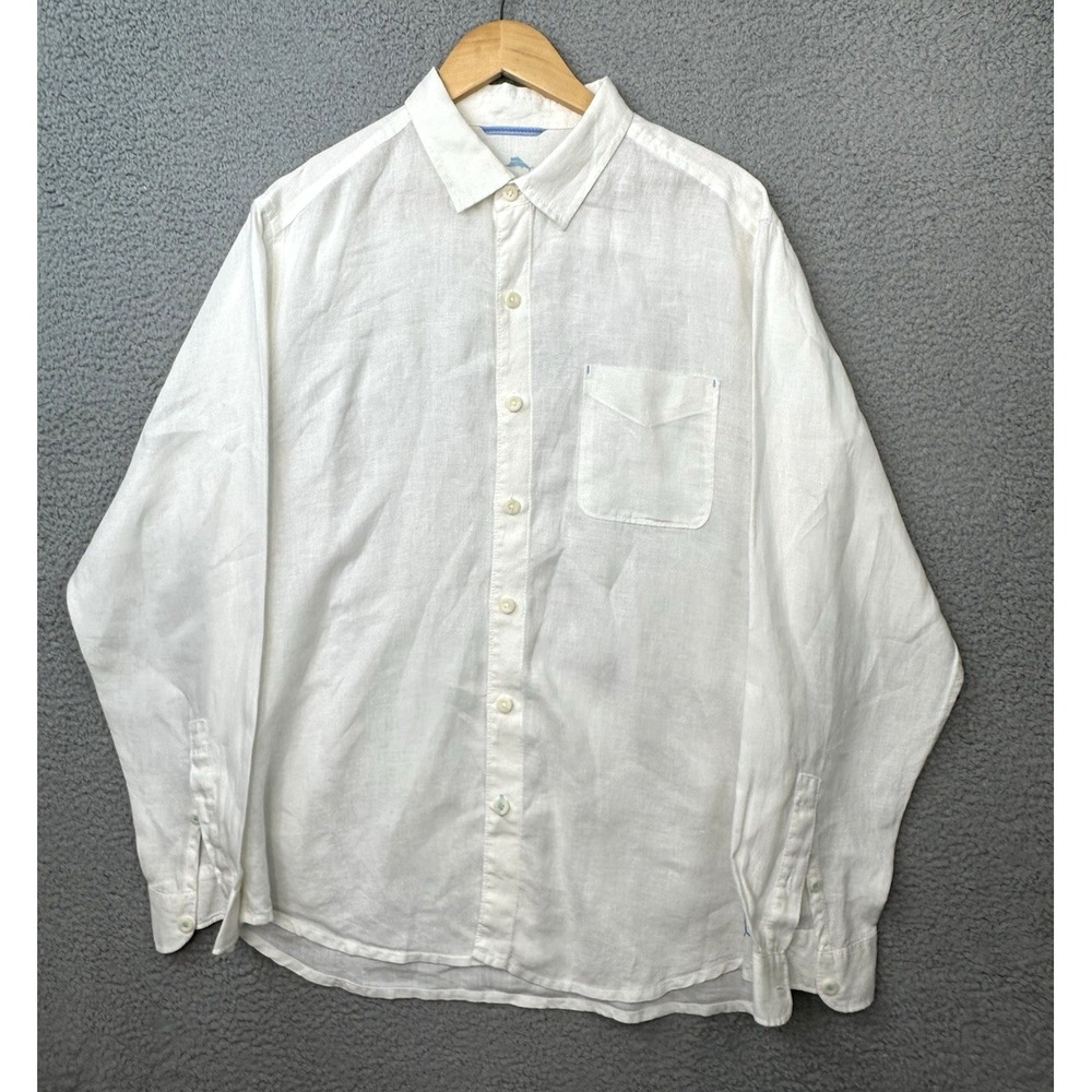 Tommy Bahama Sea Glass Breezer Shirt Mens Large White Linen L/S Button Up Pocket